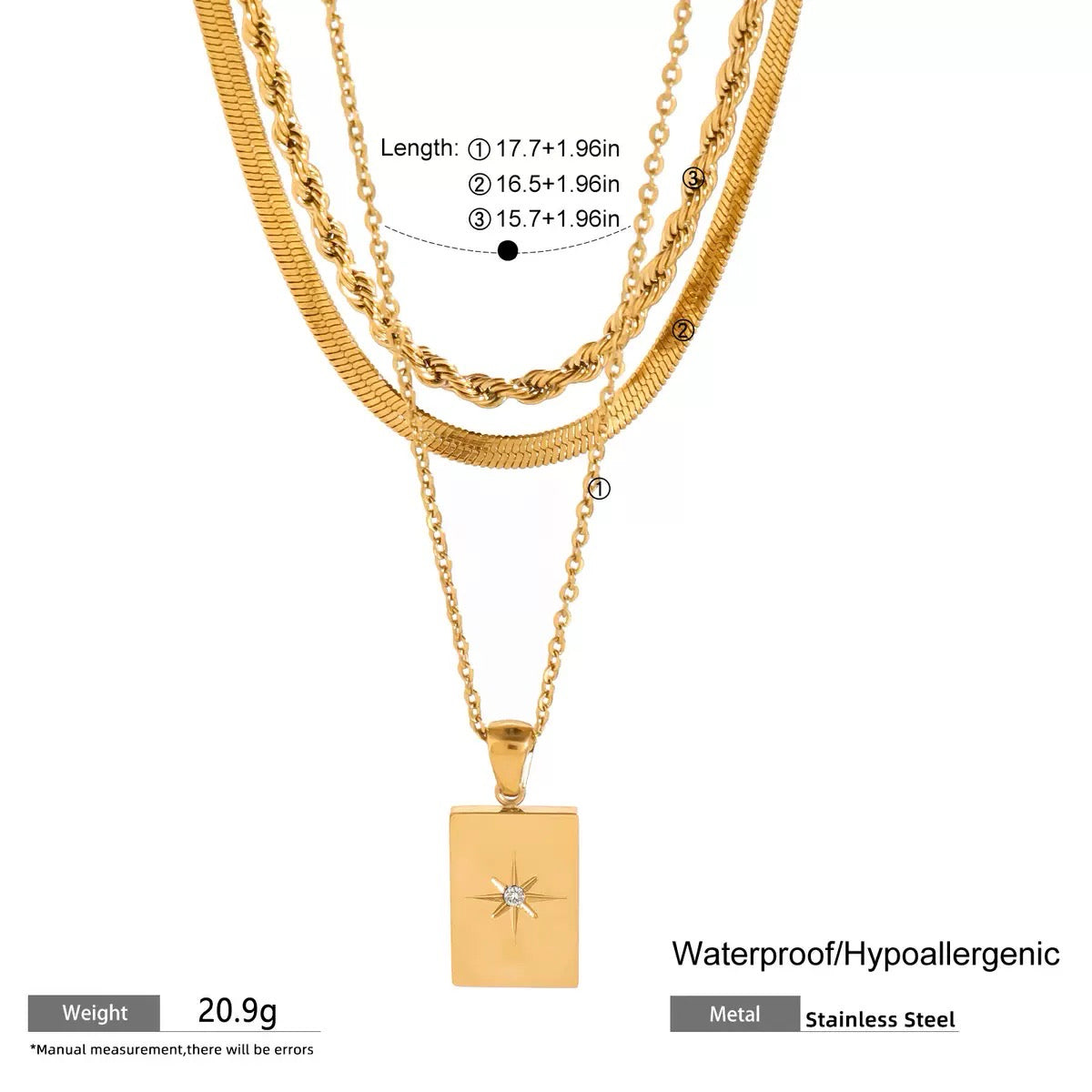 Gold necklace with a pendant on a white background