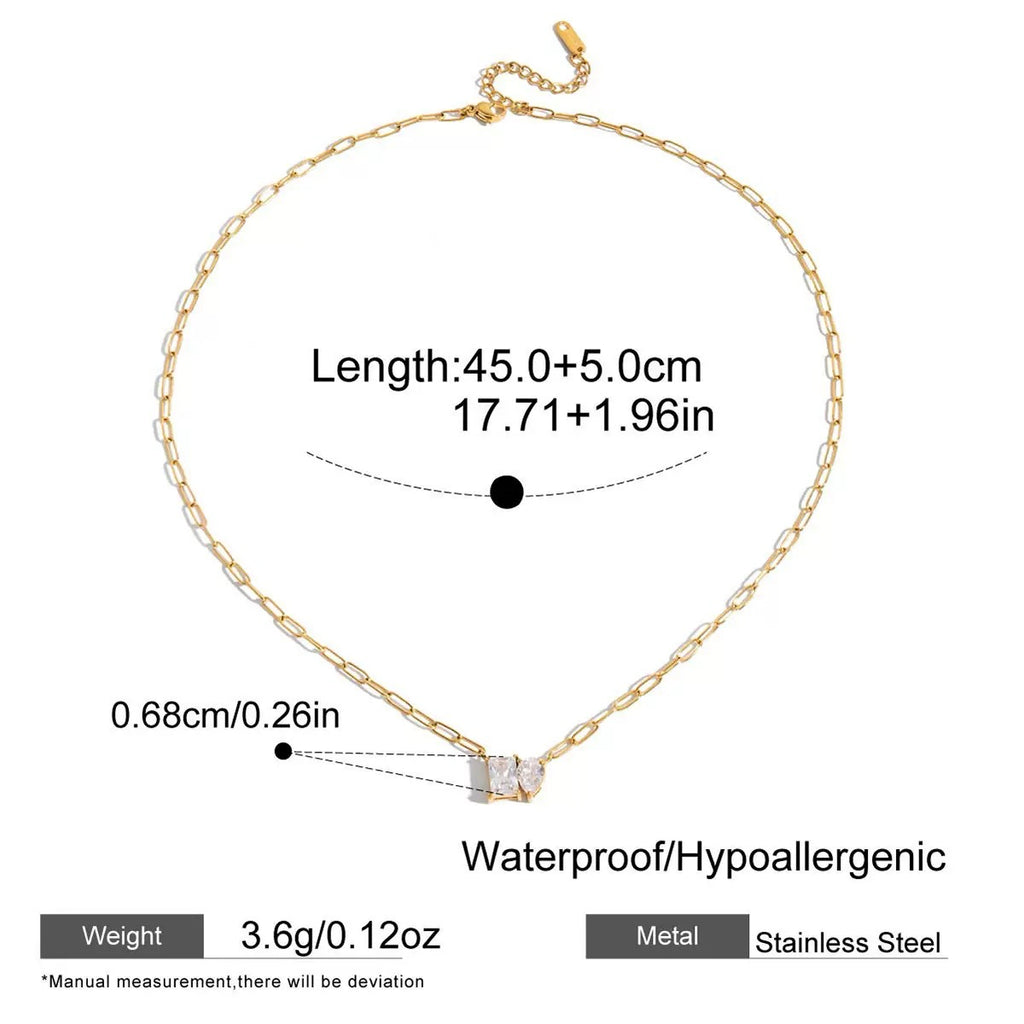 Gold chain necklace with measurement details on a white background