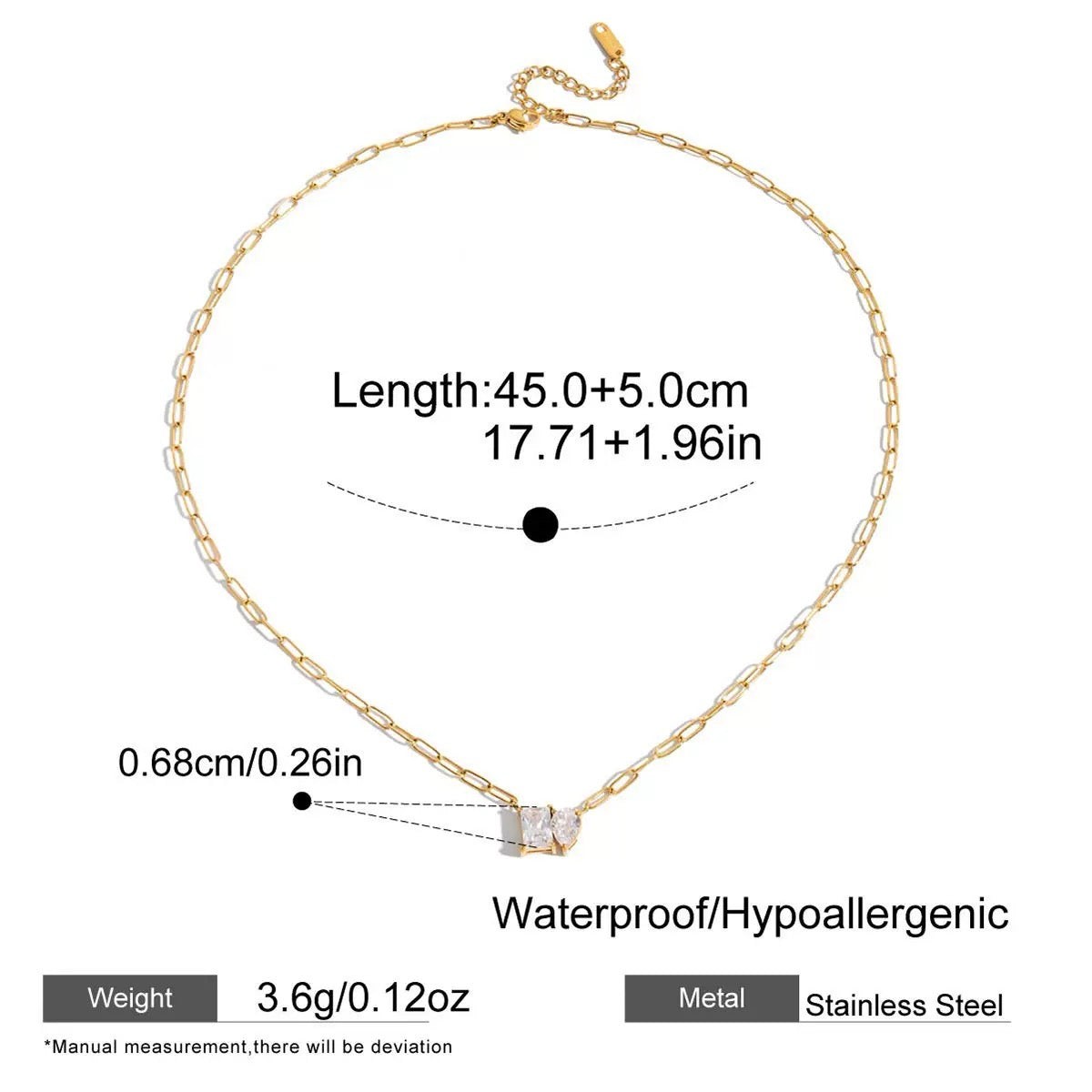 Gold chain necklace with measurement details on a white background