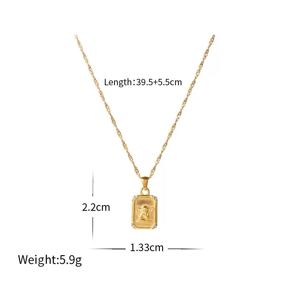 Gold necklace with pendant, showing measurements on a white background
