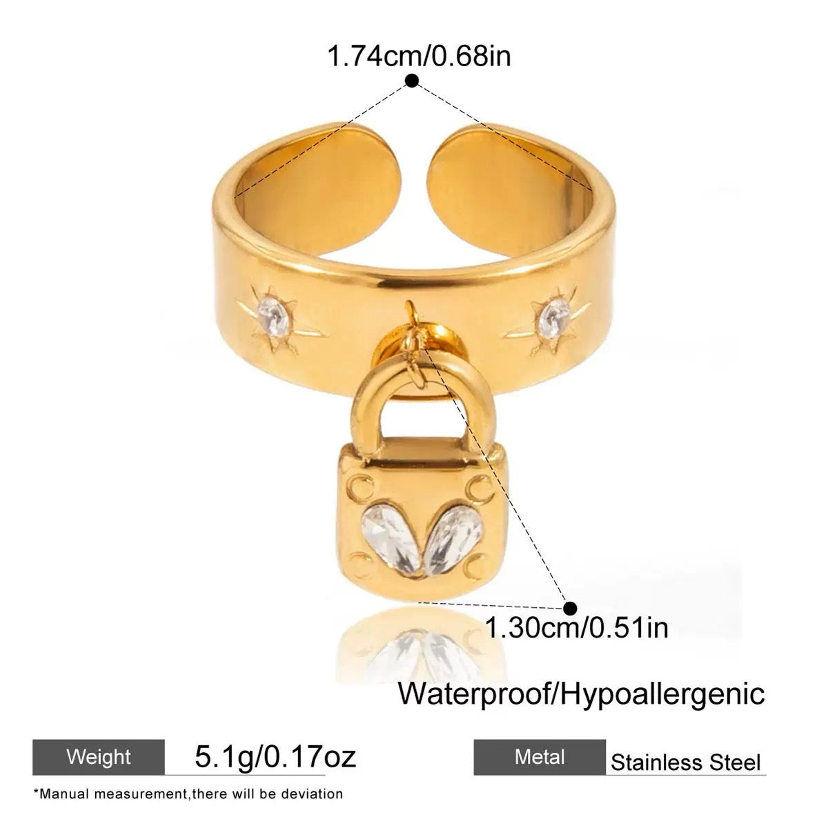 Gold ring with lock design and measurements on a white background