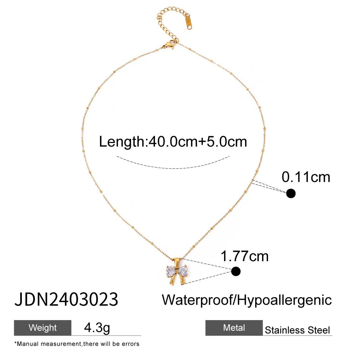 Gold necklace with measurements and product details on a white background