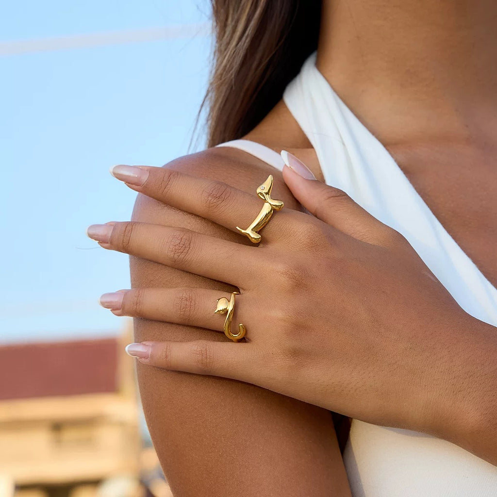 Close-up of a person wearing gold rings on their fingers with a blurred background.