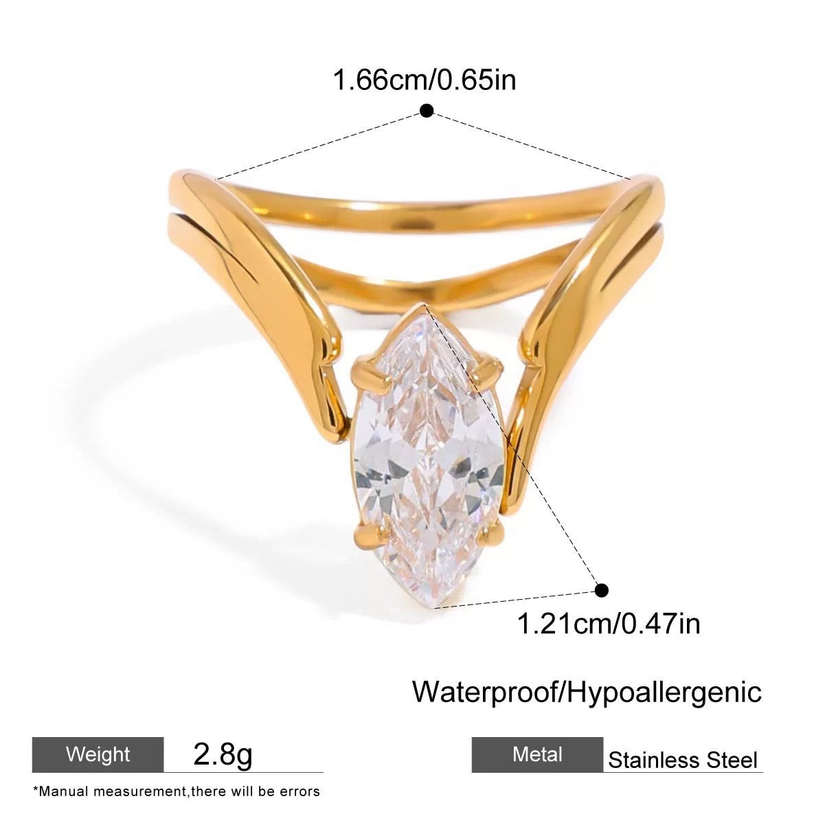Gold ring with a clear gemstone, showing measurements and material details on a white background.