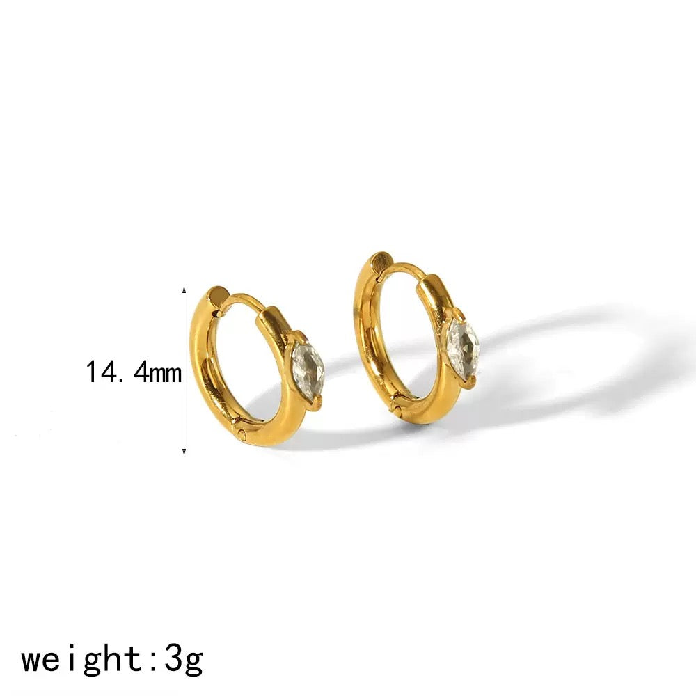 Gold hoop earrings with embedded stones on a white background, showing measurement and weight information.