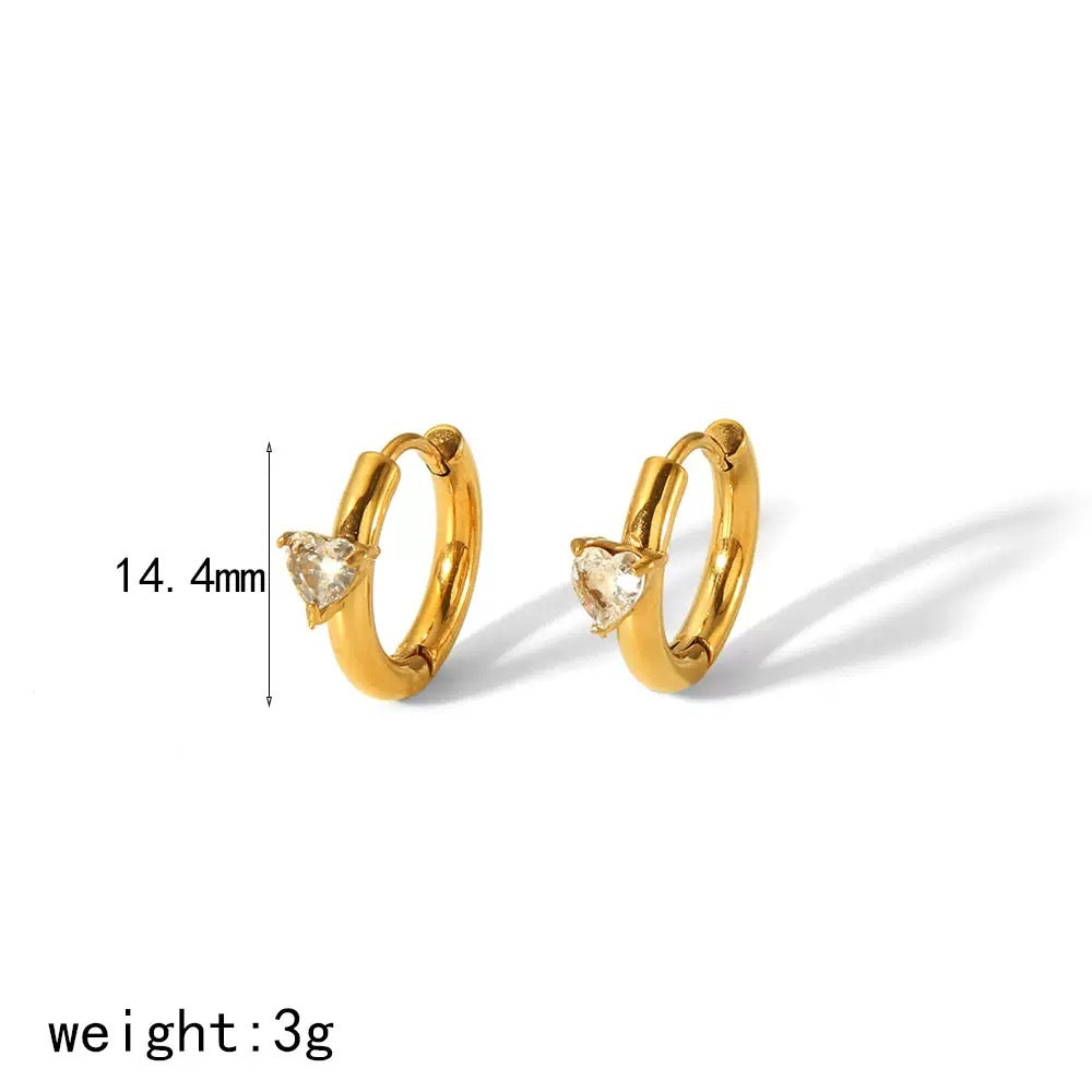 Gold hoop earrings with heart-shaped gemstones on a white background, showing measurement and weight information.